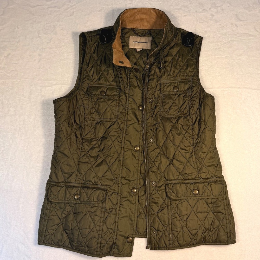 Banana Republic Womens Quilted Vest Olive Green Corduroy Trim Utility L